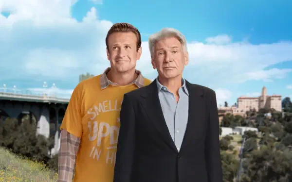 Shrinking — two men stand before a sunny hillside and bridge, one in a yellow T-shirt and one in a dark suit. 4K Ultra HD PC desktop wallpaper and background.