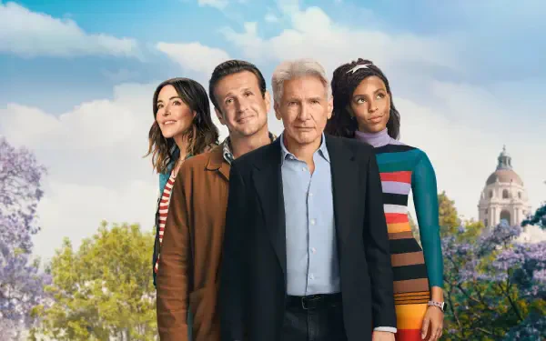 4K Ultra HD PC desktop wallpaper for Shrinking showing four characters standing together outdoors with a blue sky, trees and a domed building on the skyline.