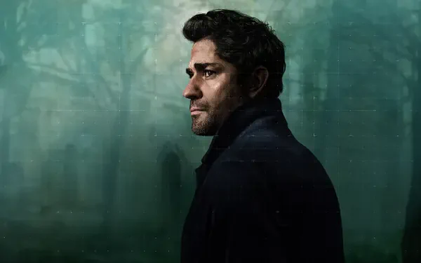 4K Ultra HD PC desktop wallpaper and background: brooding Jack Ryan in profile, dark coat against a misty green forest backdrop.