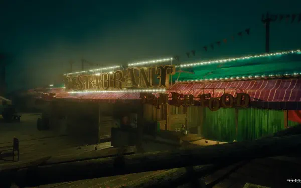 Foggy, neon-lit roadside restaurant at night with green and red glow; The Occultist HD PC desktop wallpaper and background, moody and deserted.