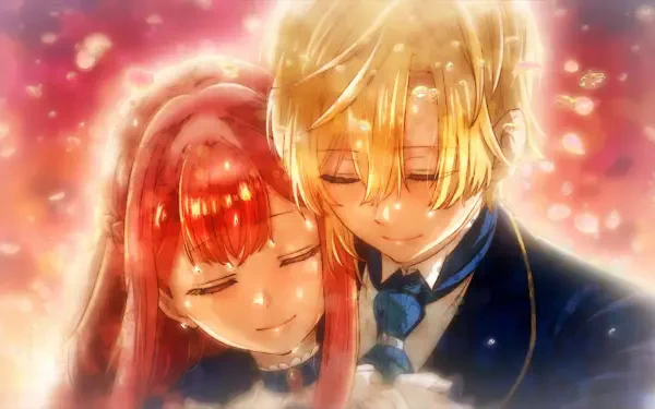 HD PC anime wallpaper from An Observation Log of My Fiancée Who Calls Herself a Villainess: Bertia Ibil Noches and Cecil Glo Alphasta embrace, eyes closed, warm glowing bokeh background.