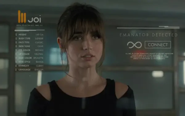 Joi from Blade Runner 2049 — cyberpunk close-up of the holographic android with diagnostic HUD overlay, 5K Ultra HD PC desktop wallpaper and background.