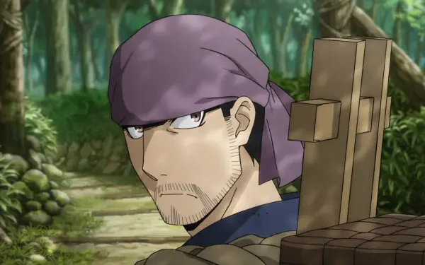 HD anime desktop wallpaper: bearded man in a purple headscarf, carrying a wooden cross on his back, glancing over his shoulder on a sunlit forest path — Daemons of the Shadow Realm.