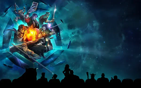 4K Ultra HD PC desktop wallpaper: a fiery-armored hero and companions bursting from a crystalline portal into a teal starfield, silhouetted crowd along the bottom.