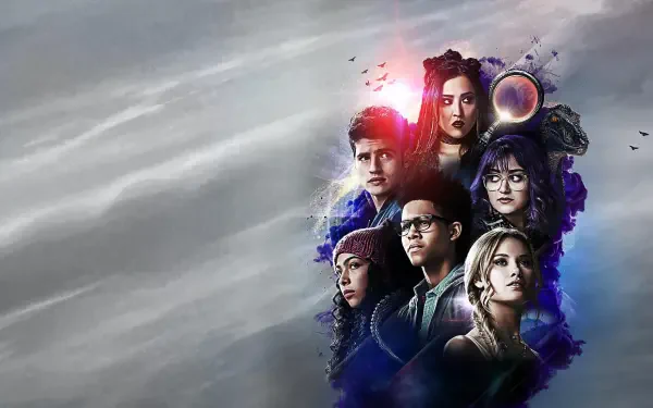 2K Quad HD PC desktop wallpaper: Runaways (TV Show) portrait collage of seven characters clustered with colored light effects against a moody gray sky backdrop.
