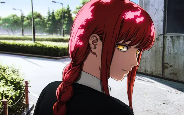 5K desktop wallpaper of Makima (Chainsaw Man): red-haired braided anime woman with glowing yellow eyes and a sinister, devilish stare on a sunlit urban street.