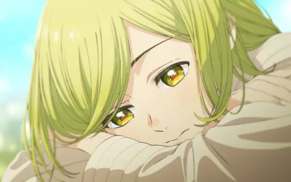 Coco from Witch Hat Atelier close-up, reclining with golden eyes and a gentle smile — HD anime PC desktop wallpaper/background with warm, sunlit tones.