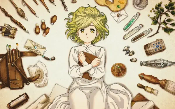 Anime HD PC wallpaper of Coco (Witch Hat Atelier): Coco lies on parchment, arms crossed, surrounded by brushes, vials, spell tools and herbs.