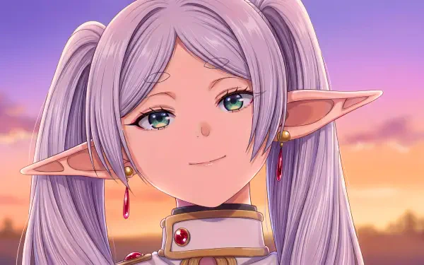 Frieren: Beyond Journey's End elf mage anime girl with lavender twin-tails and gem choker, smiling against a sunset — 5K Ultra HD PC desktop wallpaper background.