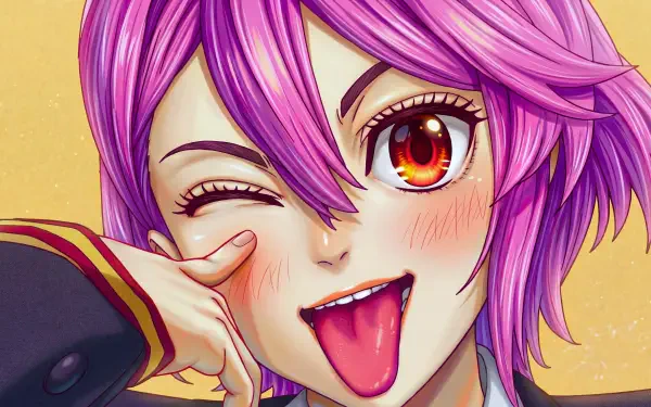 5K Ultra HD PC wallpaper of Aira Shiratori (Dandadan): cute pink‑haired anime girl winking and sticking out her tongue in a playful close-up.