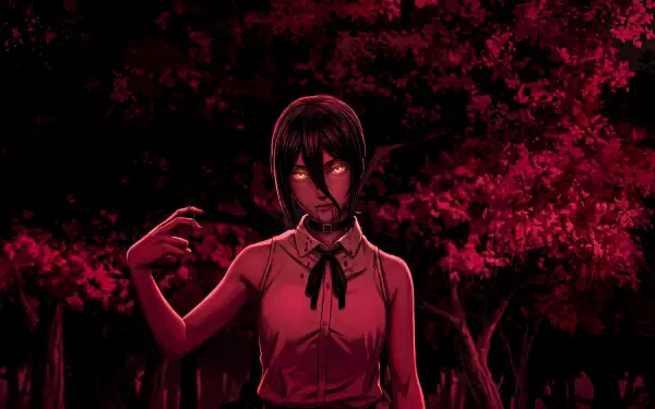 Sinister Reze from Chainsaw Man as an anime girl devil with glowing eyes, menacing pose against a blood-red forest — 5K Ultra HD PC wallpaper