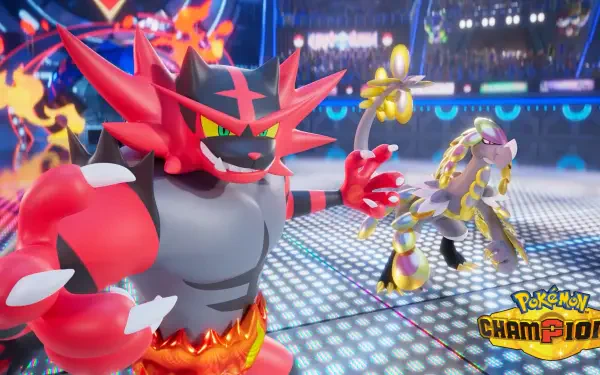 HD PC desktop wallpaper from the video game Pokémon Champions: Incineroar roars in the foreground while Kommo-o prepares an attack in a glowing stadium arena.