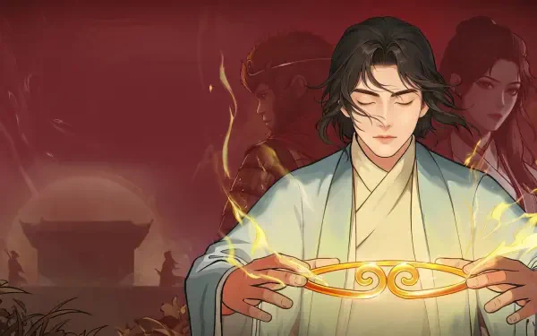 HD PC desktop wallpaper: Han Li from A Record of a Mortal's Journey to Immortality, serene in robes holding a glowing golden circlet against a crimson backdrop with shadowed figures.
