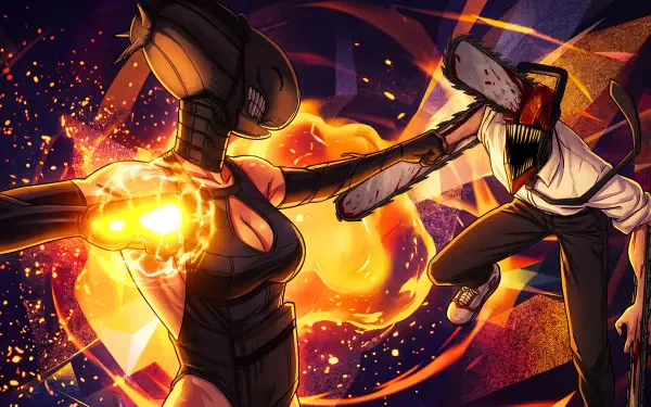 5K Ultra HD PC wallpaper: Chainsaw Man anime battle — Reze (Chainsaw Man) attacks Denji (Chainsaw Man) as chainsaw head and explosive energy clash in a fiery cosmic background.