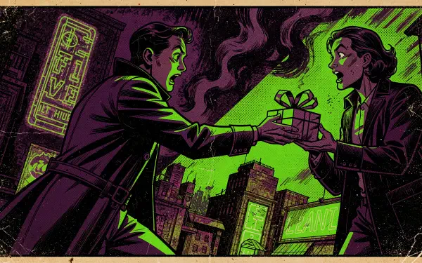 Stylized noir illustration of two suited figures exchanging a glowing wrapped gift amid neon-green smoke and a gritty city skyline — 4K Ultra HD PC desktop wallpaper.