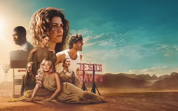 HD PC desktop wallpaper for the TV show Euphoria — moody desert scene under a teal sky with several posed characters and a central young woman gazing forward.