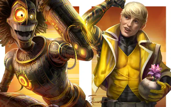 2K Quad HD wallpaper digital painting of Marvel Comics' New Mutants: Warlock (Marvel Comics) and Cypher (Marvel Comics), golden techno Warlock and Cypher in a yellow jacket.