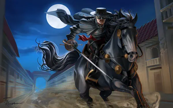 2K Quad HD PC desktop wallpaper: Zorro-style masked character horseback riding through a moonlit western town, sword drawn in a dramatic digital painting.