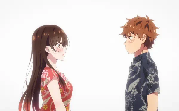HD PC desktop wallpaper of Rent-A-Girlfriend anime: Chizuru Ichinose in a red floral dress and Kazuya Kinoshita in a dark patterned shirt facing each other on a clean white background.