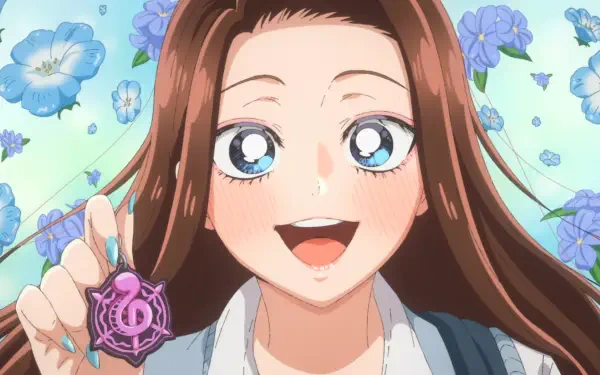 Anime HD PC desktop wallpaper: Kei Amane from Gals Can't Be Kind to Otaku!? smiles with long brown hair and blue eyes, holding a pink treble-clef charm against a blue floral background.