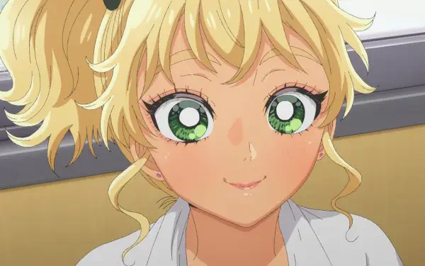 HD PC desktop wallpaper of Kotoko Ijichi from the anime Gals Can't Be Kind to Otaku!? — close-up smiling blonde with bright green eyes and twin pigtails.