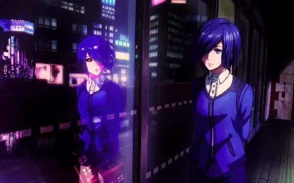 Touka Kirishima from Tokyo Ghoul: an anime ghoul standing by a neon city window at night, her reflection on the glass — 5K Ultra HD PC desktop wallpaper.