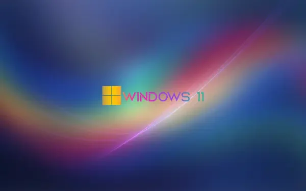 5K Ultra HD Windows 11 desktop wallpaper: glowing multicolor abstract curves sweep across a deep blue background with the Windows 11 logo centered.