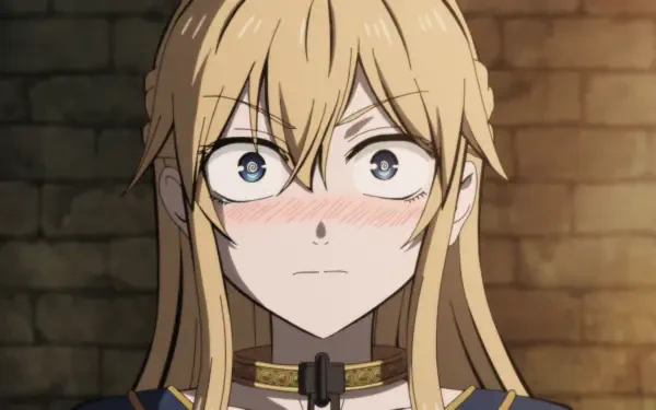 Anime HD PC desktop wallpaper of Serafina de Lavillant (The Warrior Princess and the Barbaric King) — close-up, flushed, wide-eyed blonde with choker against a brick wall background.