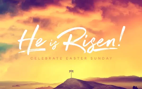 2K Quad HD PC desktop wallpaper: religious Easter holiday scene—dramatic sunrise over a hill with silhouetted cross and bold script He Is Risen!