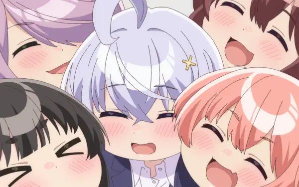 Anime Yowayowa Sensei HD PC desktop wallpaper of five blushing, smiling characters — a white-haired central figure with a star clip surrounded by four joyful classmates in a close group.