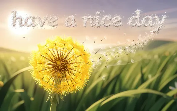 4K Ultra HD PC desktop wallpaper: sunlit close-up dandelion releasing seeds that drift into the words have a nice day above a rolling grassy field.