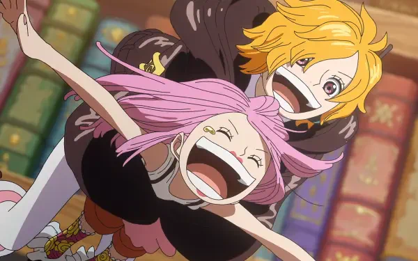 HD PC desktop wallpaper of One Piece anime: Jewelry Bonney and Lilith (One Piece) laughing and embracing in a playful hug against colorful bookshelves background.
