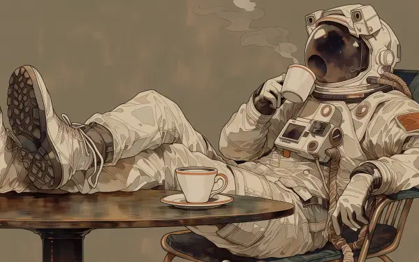 AI art 2K Quad HD PC desktop wallpaper: a chill-vibe astronaut lounging with boots on a table, sipping coffee from a mug.