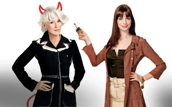 The Devil Wears Prada 4K Ultra HD PC desktop wallpaper: two fashion-forward women on white background — a white-haired figure with red devil horns and tail in black, and a brunette holding red lipstick.