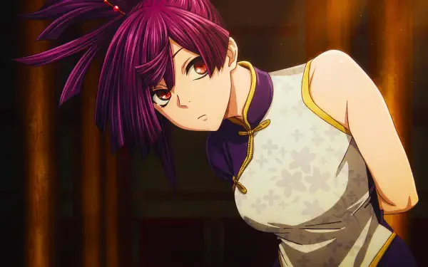 Yuzuriha (Hell's Paradise), purple-haired anime girl leaning forward in a white cheongsam — 5K Ultra HD PC desktop wallpaper and background.