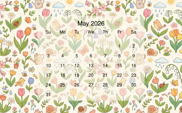 May 2026 calendar over a pastel spring floral pattern with tulips, watering cans, birds and snails — 5K Ultra HD PC desktop wallpaper and background.