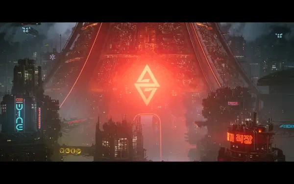 4K Ultra HD PC desktop wallpaper from video game The Ascent: neon-soaked cyberpunk cityscape with a towering megastructure bearing a massive glowing red emblem amid rain-slick skyscrapers.