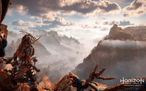 4K Ultra HD PC desktop wallpaper for the video game Horizon Zero Dawn: Aloy stands on a rocky ledge overlooking a misty canyon and a fallen robotic creature beneath a dramatic sky.
