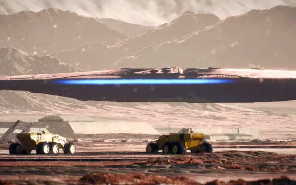 Homeworld video game 2K Quad HD PC desktop wallpaper/background: hulking alien mothership with glowing blue underside hovers over a desert plain as two armored ground vehicles traverse the foreground.