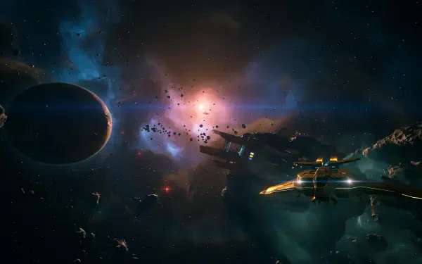 Everspace 2 video game 4K Ultra HD PC desktop wallpaper: sleek starships navigating an asteroid field against a glowing nebula and distant planet.