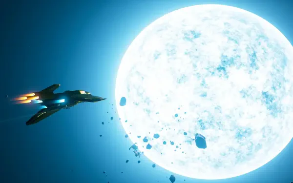 4K Ultra HD PC desktop wallpaper and background from the video game Everspace 2: a sleek starfighter flies past a luminous blue-white star surrounded by drifting asteroids.