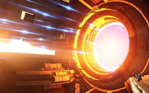 Homeworld video game 2K Quad HD PC desktop wallpaper and background: blue-trailing fighters streak toward a blazing orange warp ring set on a massive mothership.