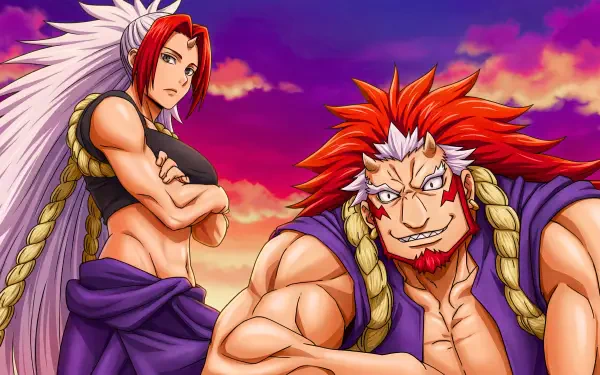 Daemons of the Shadow Realm anime wallpaper: Hidari stands with crossed arms and long white hair, muscular Migi grins beside him against a vivid sunset — 5K Ultra HD PC desktop background.