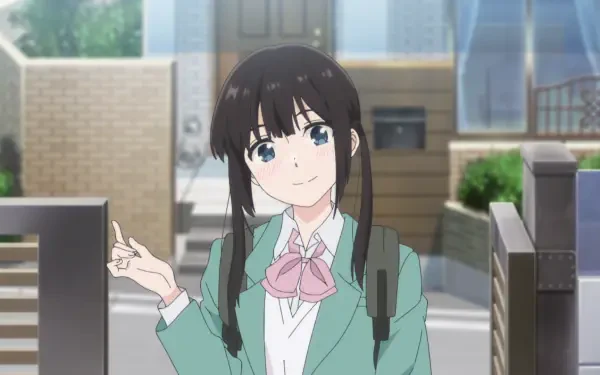 Anime HD desktop wallpaper: Miku Sakura from I Want to End This Love Game—school uniform, twin braids and backpack, smiling on a sunlit suburban street.