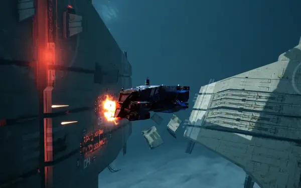 Homeworld video game 2K Quad HD PC desktop wallpaper showing a fighter firing between massive capital ships and drifting debris in cold blue space.