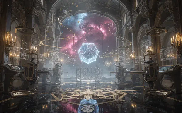 Ornate starship bridge interior with cathedral arches, a central floating holographic polyhedron and orbital rings against a cosmic nebula — 4K Ultra HD PC desktop wallpaper background.