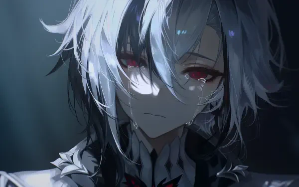 2K Quad HD PC desktop wallpaper from the video game Genshin Impact showing Arlecchino: a sad, crying anime girl with white hair and red eyes, tears streaking down her pale cheeks.