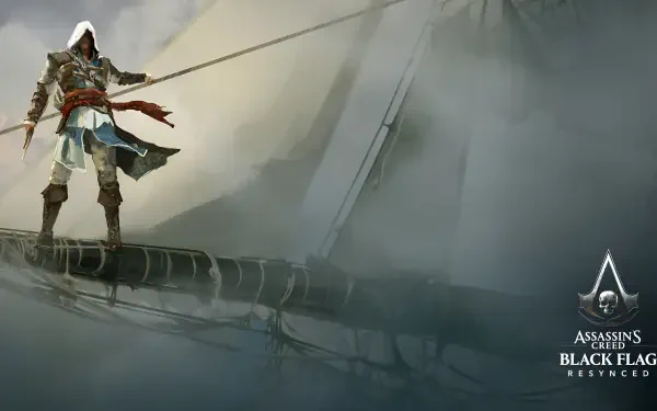 4K Ultra HD PC wallpaper of Assassin's Creed IV: Black Flag — hooded assassin walks along a ship's bowsprit through foggy seas, game logo at bottom right.