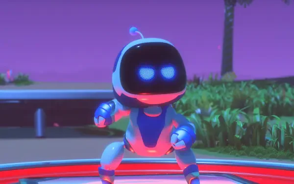 Astro Bot from Astro Bot Rescue Mission glowing blue on a neon platform at dusk — 4K Ultra HD PC desktop wallpaper background for a video game.