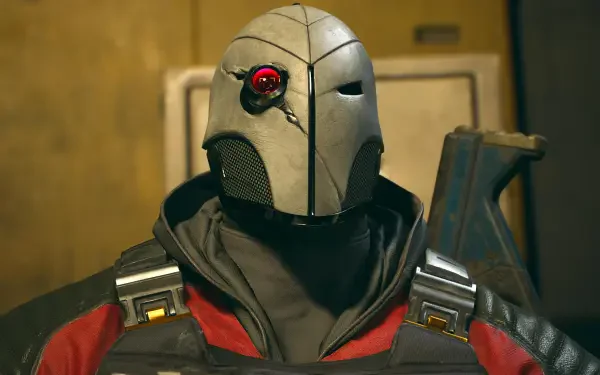 Armored masked mercenary with a glowing red cybernetic eye from the video game Suicide Squad: Kill the Justice League — 4K Ultra HD PC desktop wallpaper.